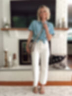 Summer outfit, cropped wide leg white pants, chambray shirt, studded sandals
