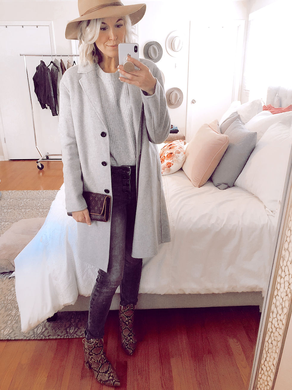 How to style snakeskin booties for fall, monochromatic gray layers, gray coat and gray sweater and gray jeans and tan wide brim hat, fall casual outfit ideas, style tips for women, fashion blog