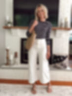 Summer outfit, cropped white wide leg pants, navy striped shirt, straw bag