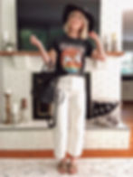 Summer outfit, Led Zeppelin t-shirt, cropped wide leg white pants, black floppy hat, leopard print sandals