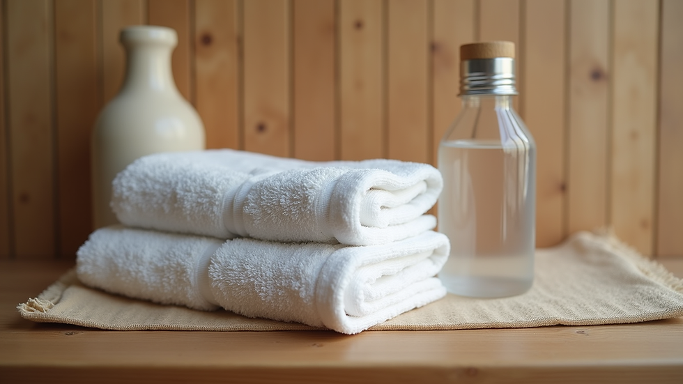 eye-level view of neatly folded towels and a water bottle on a wooden bench
