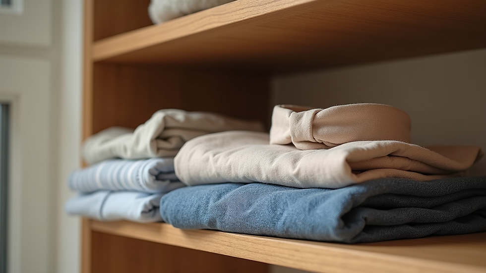 close-up view of folded casual clothes and a hairband on a wooden shelf
