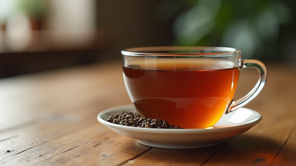 eye-level view of a cup of warm herbal tea on a wooden table