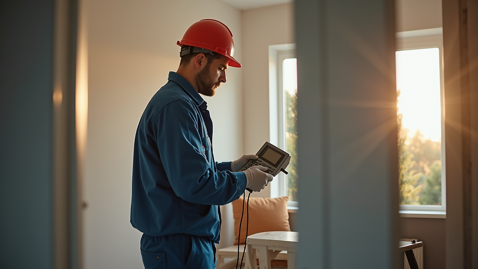 Eye-level view of a professional technician setting up radon testing equipment in a home