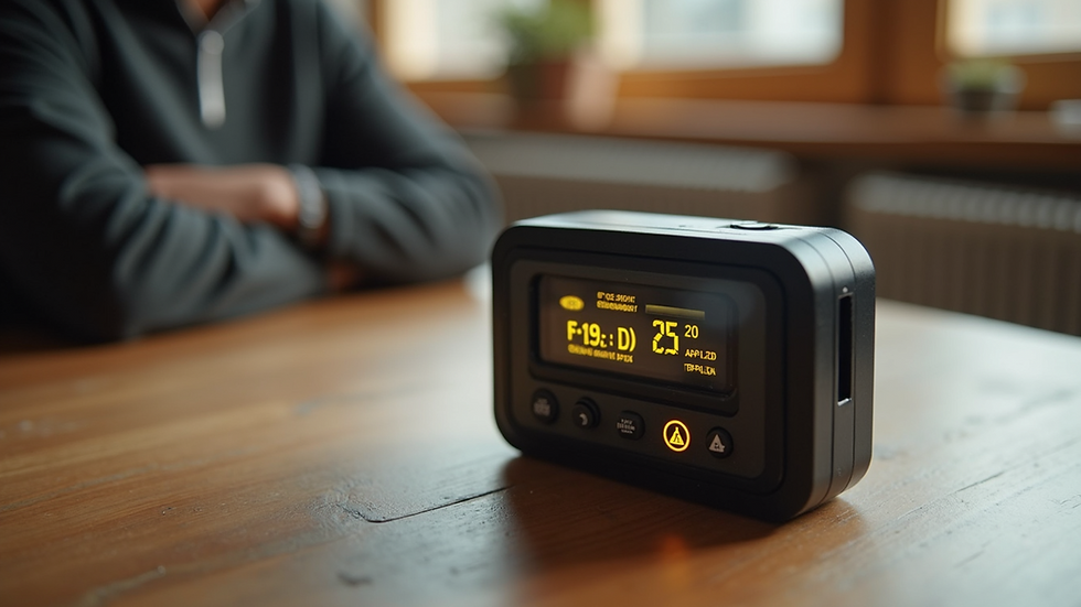 Close-up view of a digital radon detector on a wooden table