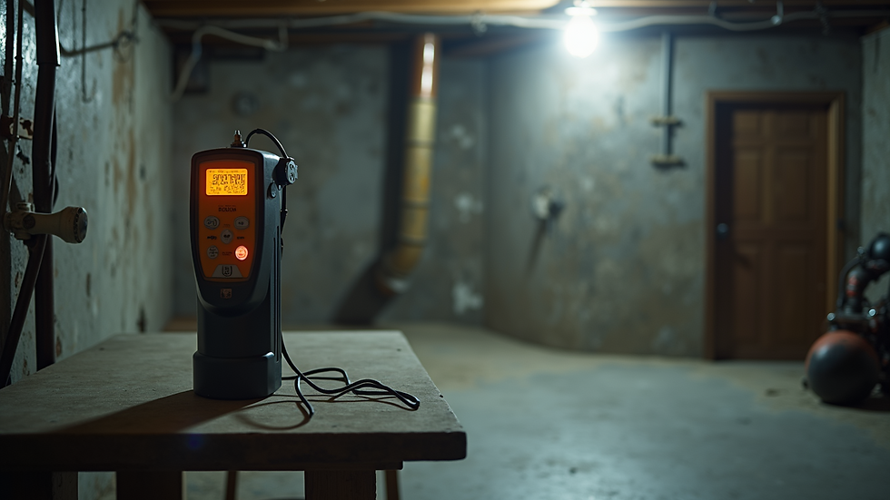 Eye-level view of a basement with radon testing equipment on a table