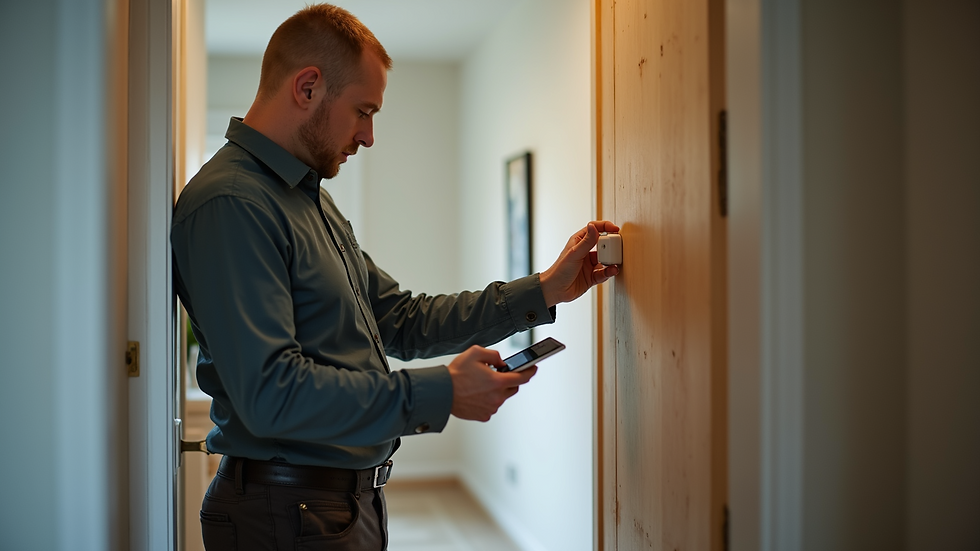 Eye-level view of a professional inspector placing radon detectors in a home