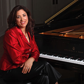Susan Merdinger Headshot in Red with Steinway Piano (1) - Susan Merdinger - Susan Merdinge