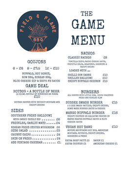 Black Horse Lewes Game Day Menu