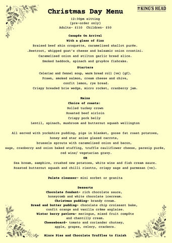 King's Head Christmas Day Menu