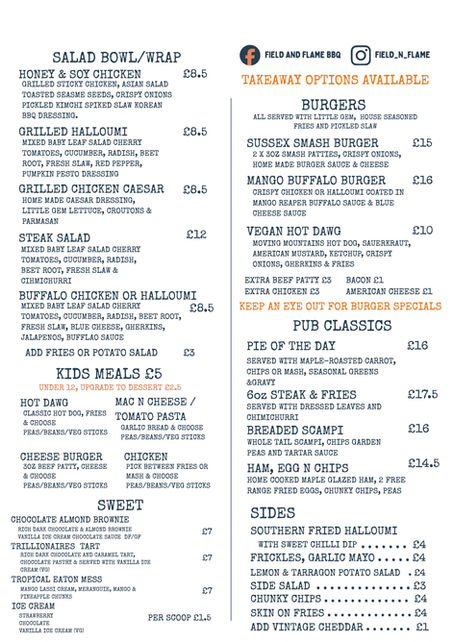 Black Horse Lewes Main Menu