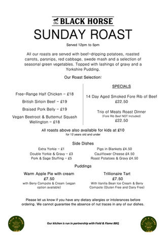 Black Horse Lewes Sunday Roast menu