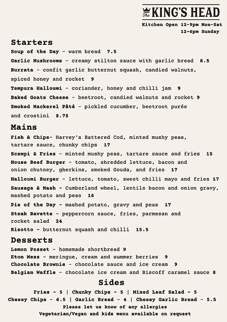 King's Head Lewes Main Menu