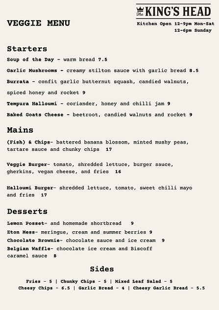 King's Head Lewes Veggie Menu