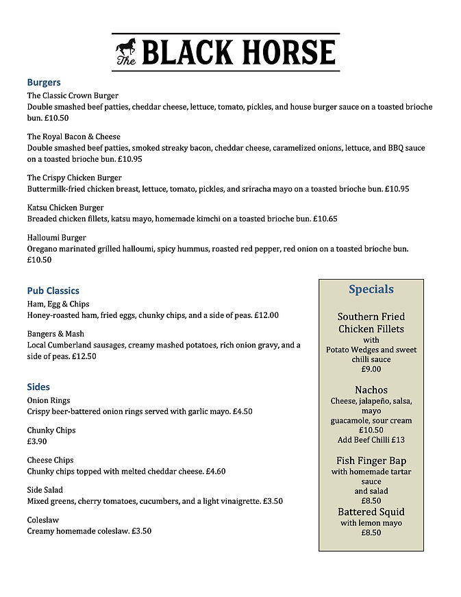 The Black Horse Lewes Daily Menu