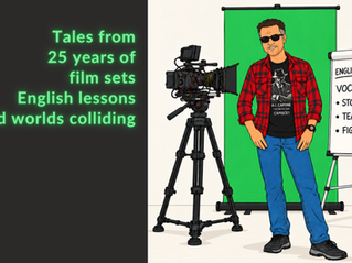 Cartoon Paul Ponce wearing sunglasses, a red flannel shirt, and an A.I. Capone tee, standing between a video camera and an English vocabulary flip chart, with a green screen behind him.