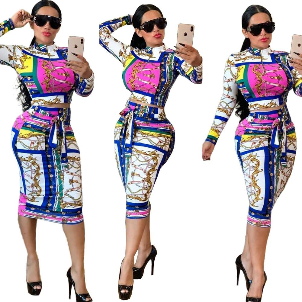 2019Hot Sale Long Sleeve Printed Two Piece Set Women Plus Size Casual Dress