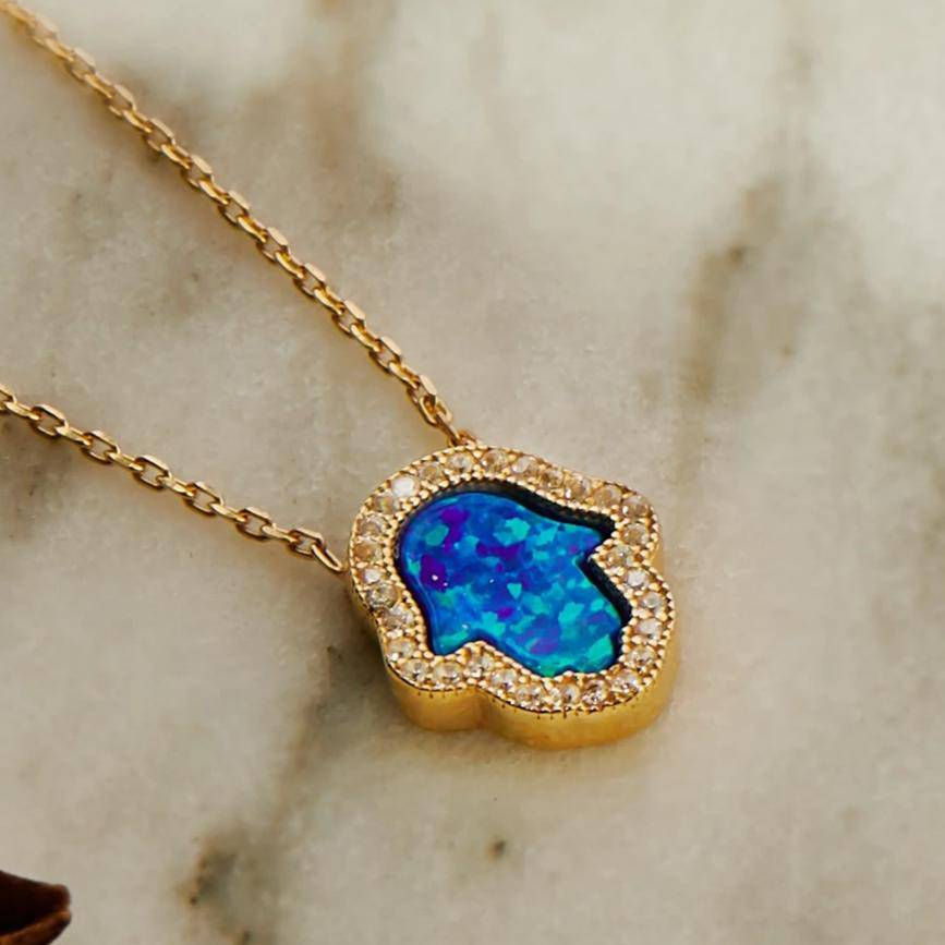 Thumbnail: Hamsa Opalite Turquoise Blue Necklace Gold