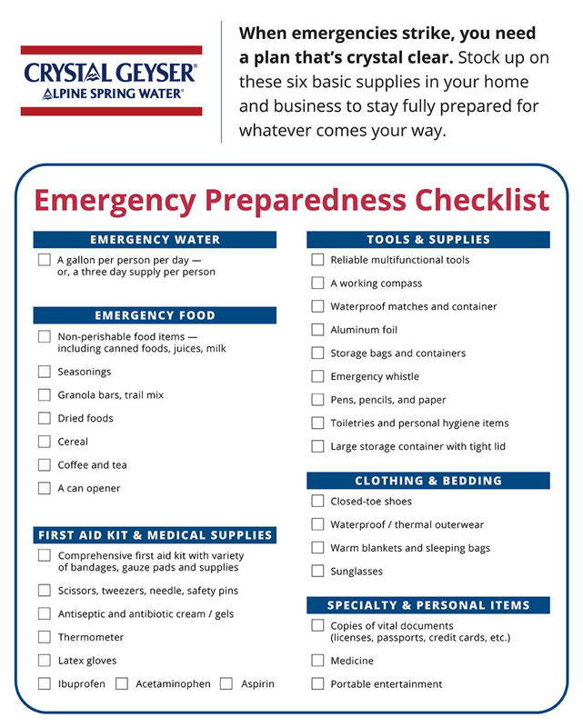 Crystal Geyser Alpine Spring Water Emergency Preparedness Checklist.