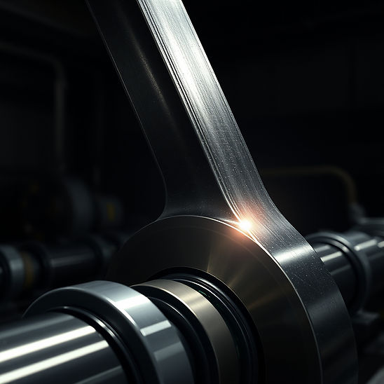 Shiny manufacturing steel glimmering from light, set with dark backdrop. Cinematic photo..