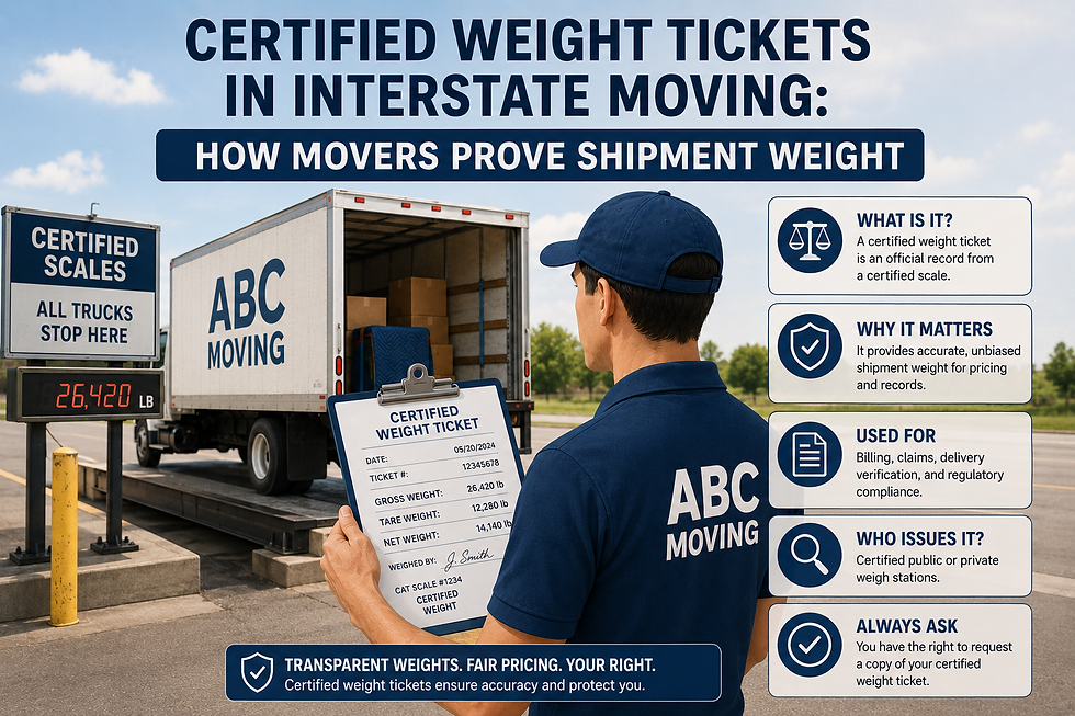 Certified Weight Tickets in Interstate Moving explained with a mover reviewing gross, tare and net shipment weight beside a truck on a certified scale, showing how weight records support accurate pricing and billing.