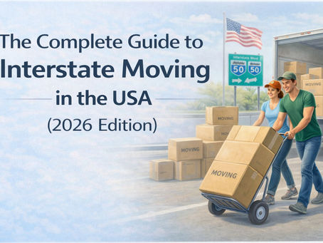 The Complete Guide to Interstate Moving in the USA (2026 Edition) cover image showing movers loading boxes into a truck for a long-distance move.