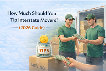 Illustration for “How Much Should You Tip Interstate Movers? (2026 Guide)” showing two interstate movers exchanging cash tips near a moving truck, stacked boxes, and a jar labeled “Tips,” representing standard tipping practices during a long-distance move.