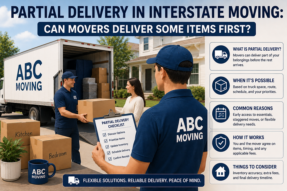 Partial Delivery in Interstate Moving explained with movers delivering selected boxes first while reviewing inventory priorities, delivery timing, extra fees and the schedule for remaining items.
