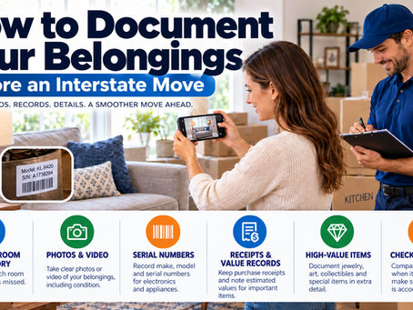 How to Document Your Belongings Before an Interstate Move showing a customer photographing household items while a mover records inventory details, serial numbers, receipts, high-value items and delivery records.