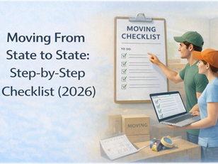 Illustration of a couple reviewing a moving checklist titled “Moving From State to State: Step-by-Step Checklist (2026)” with packed boxes in the background, a clipboard checklist on the wall, and a laptop displaying a digital moving plan.