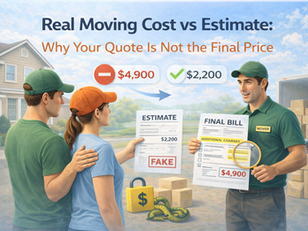 Real moving cost vs estimate illustration showing couple comparing low estimate with higher final bill, fake quote document, additional charges highlighted, and mover explaining price increase.