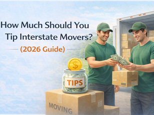 Illustration for “How Much Should You Tip Interstate Movers? (2026 Guide)” showing two interstate movers exchanging cash tips near a moving truck, stacked boxes, and a jar labeled “Tips,” representing standard tipping practices during a long-distance move.