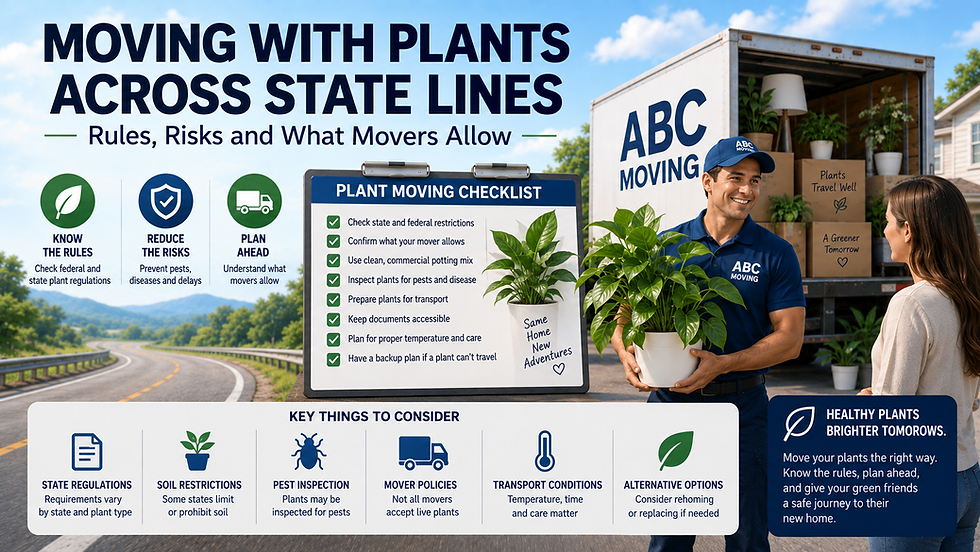 Moving With Plants Across State Lines showing a mover helping a customer transport houseplants with guidance on state restrictions, pest inspection, soil rules, mover policies and safe plant care during an interstate move.