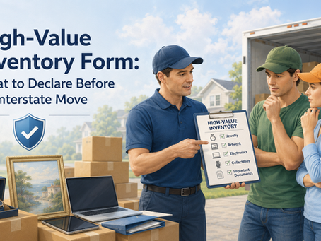 High-Value Inventory Form explained with a mover reviewing jewelry, artwork, electronics, collectibles and important documents with customers before an interstate move.