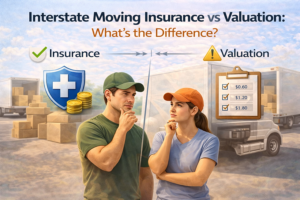 Interstate moving insurance vs valuation comparison showing a couple choosing between full insurance protection and basic valuation coverage with pricing examples during a long-distance move