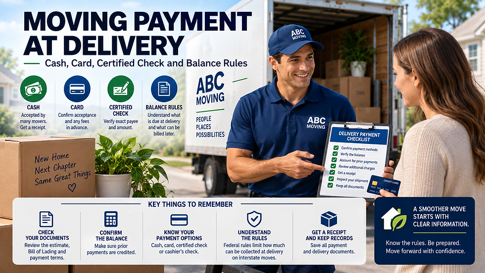 Moving Payment at Delivery showing a mover reviewing payment methods, balance rules, prior payments, receipts and delivery documents with a customer beside a moving truck.