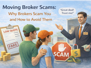 Moving broker scams illustration showing broker offering low quote to couple, fake estimate document, scam warning sign, and money exchange highlighting how brokers scam customers.