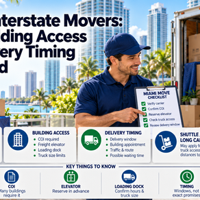 Miami Interstate Movers showing a mover reviewing cost factors, building access, COI requirements, freight elevator, loading dock, shuttle or long carry, and delivery timing with customers at a Miami high-rise.