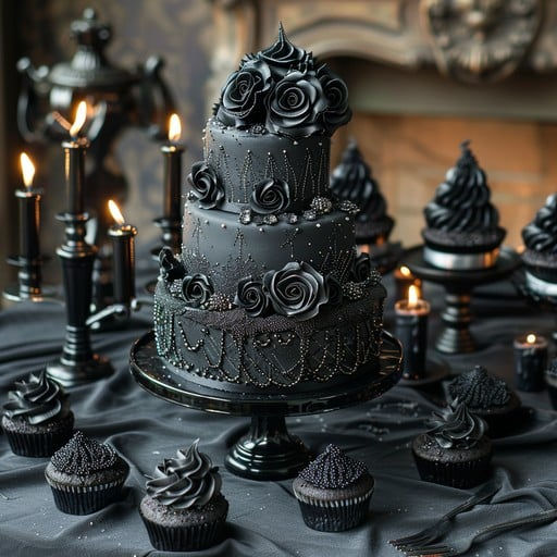 Gothic black cake with rose decorations on a dark table surrounded by black cupcakes and lit candles, creating a dramatic, elegant scene.