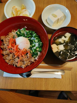 とろけるそぼろご飯と奴付き。ひき肉もオクラも口の中で、とろけてしまいます。