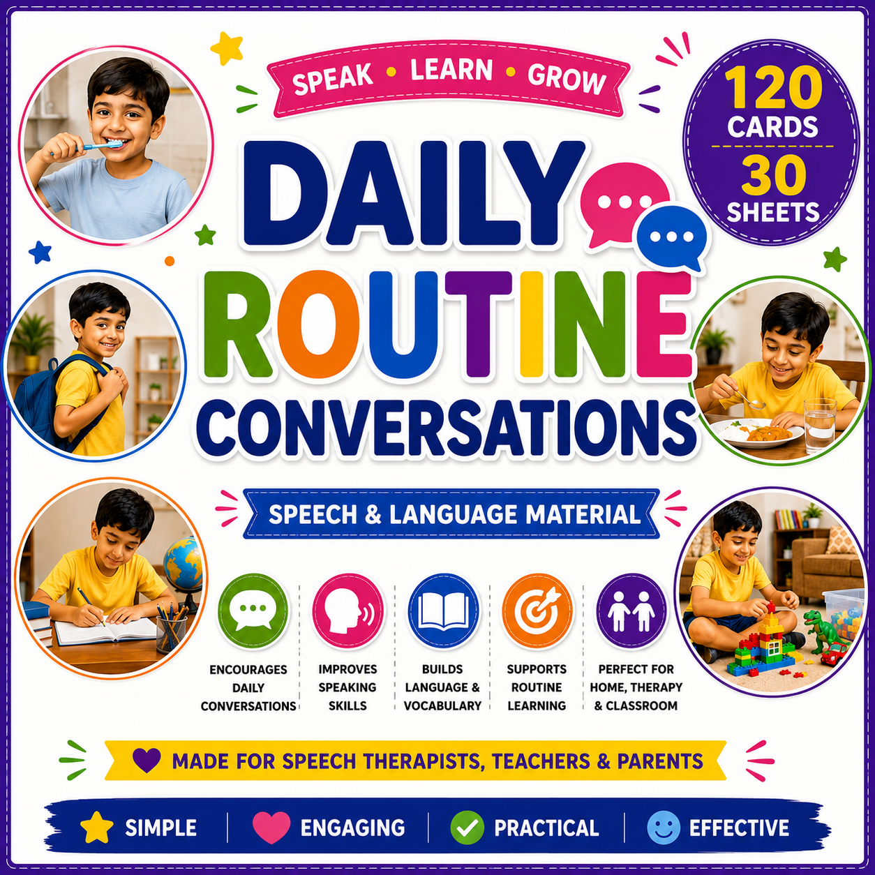 120 Cards | 30 Printable sheets Daily Routine Conversations