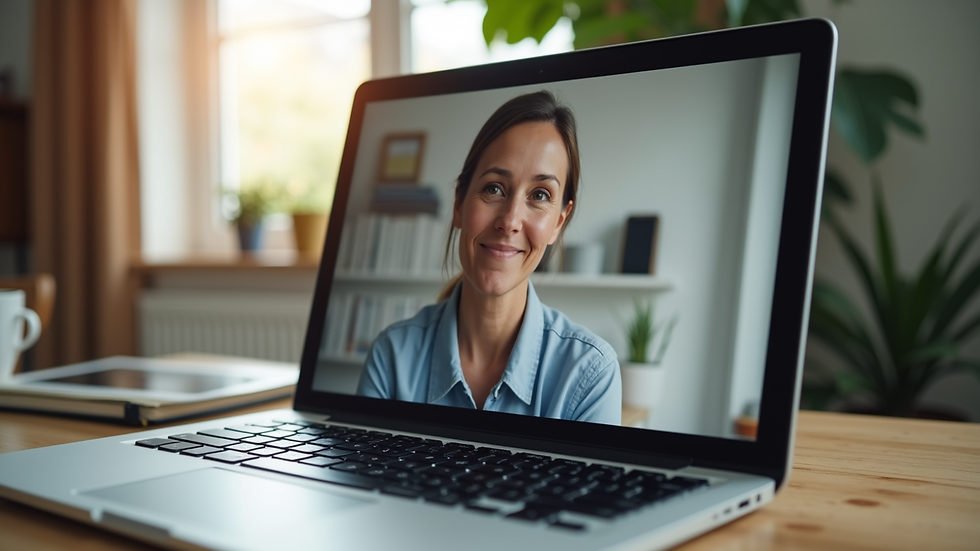 Close-up view of a laptop screen showing a video call for speech therapy