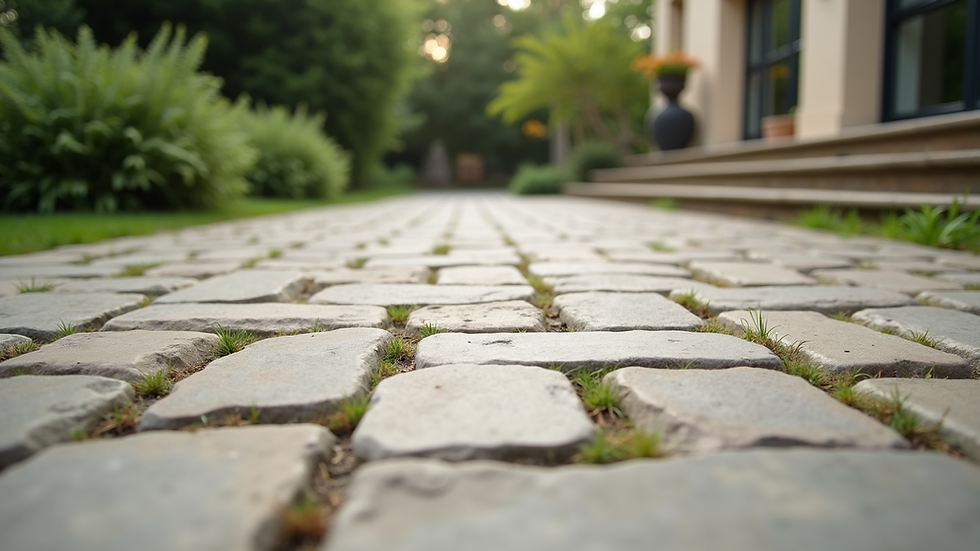Eye-level view of a stone patio with natural pavers arranged in a geometric pattern