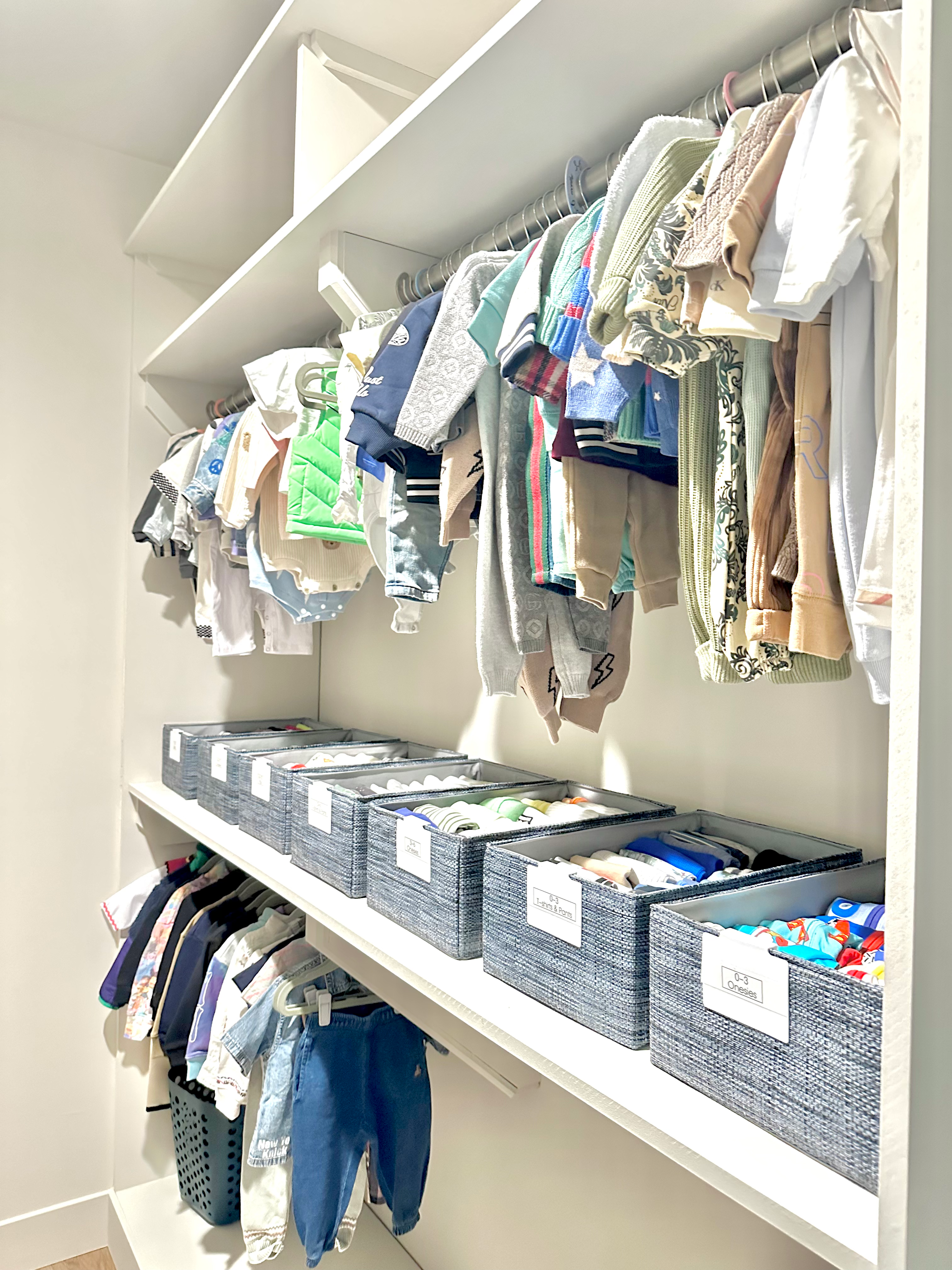 Children's closet organized with labeled bins, Colts Neck NJ