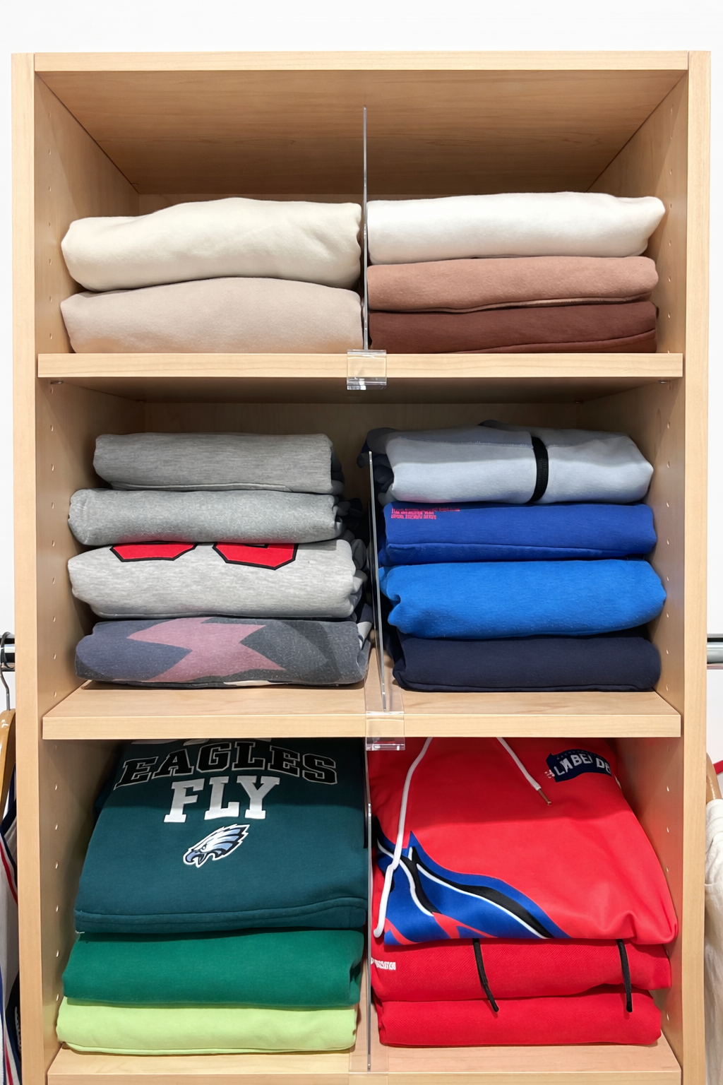 Color-coded folded clothing organization, Rumson NJ