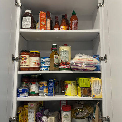 Before and after pantry cabinet organization with labeled spice jars and lazy Susans in Middlesex County kitchen.