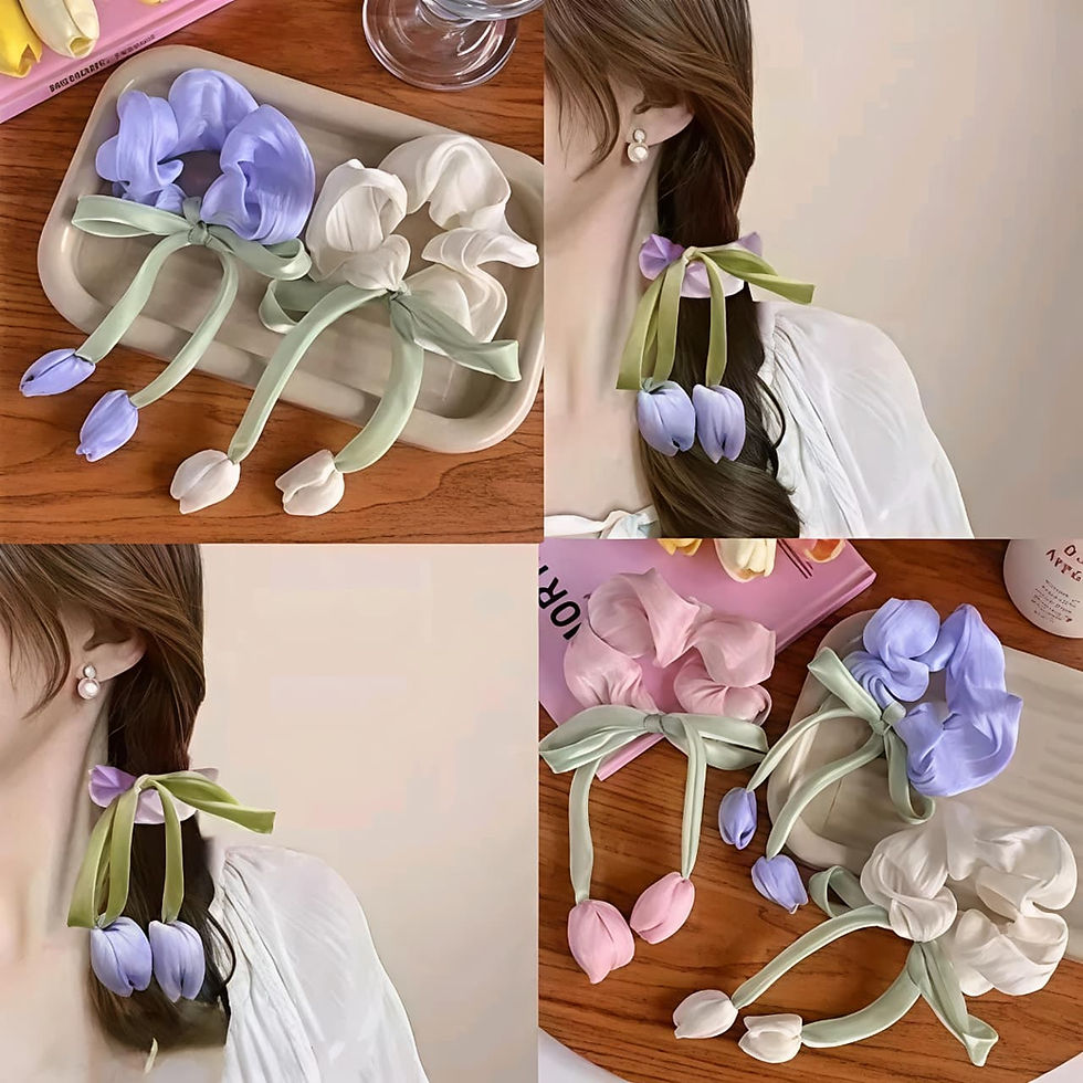 Hair scrunchies with colorful tulip flowers