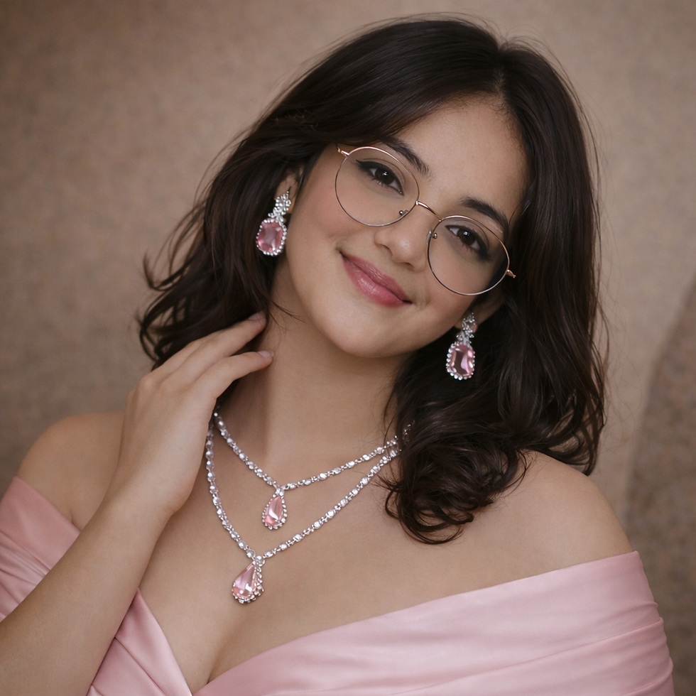 Young woman in pink dress, glasses, and pink jewelry