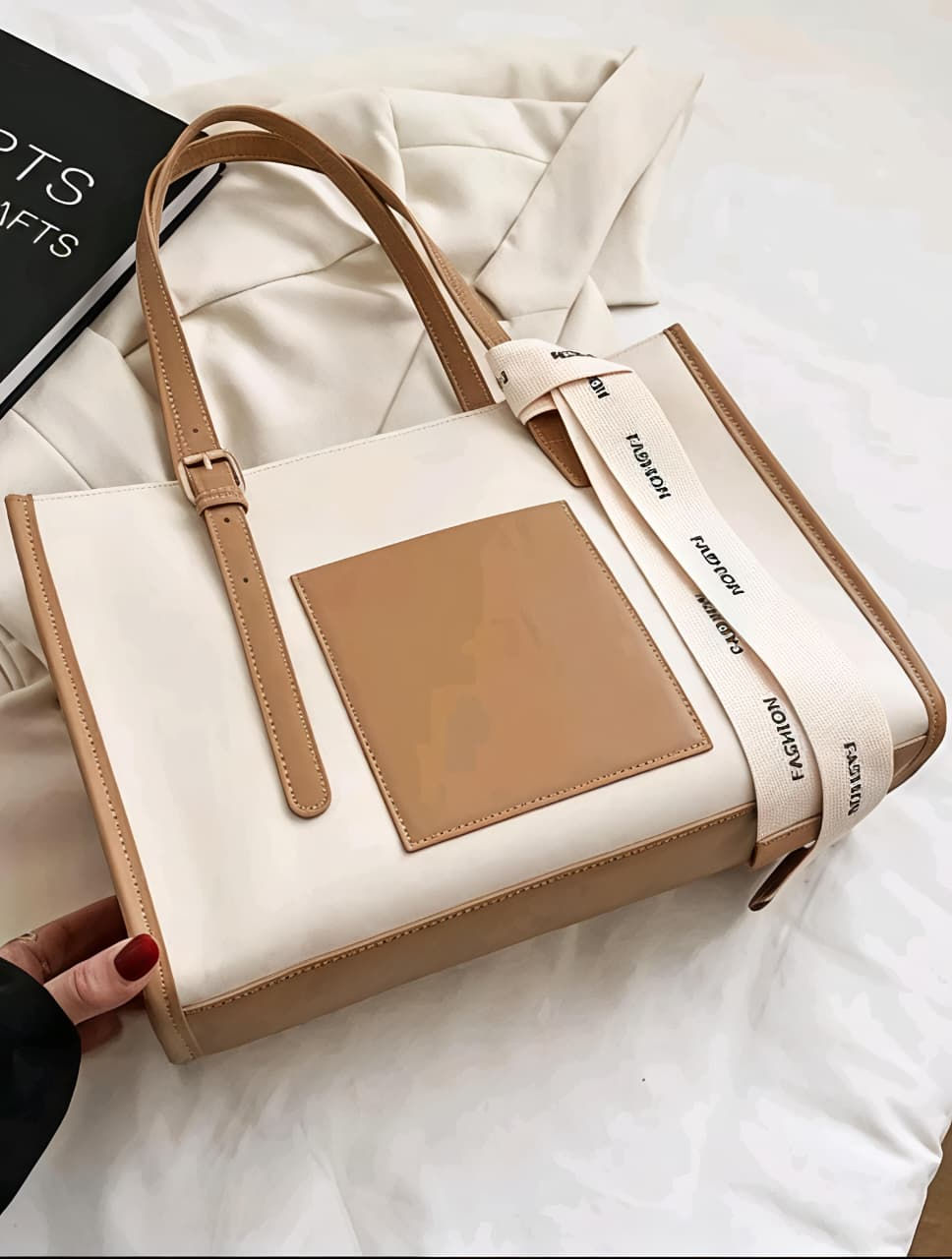 Cream and brown tote bag with front pocket