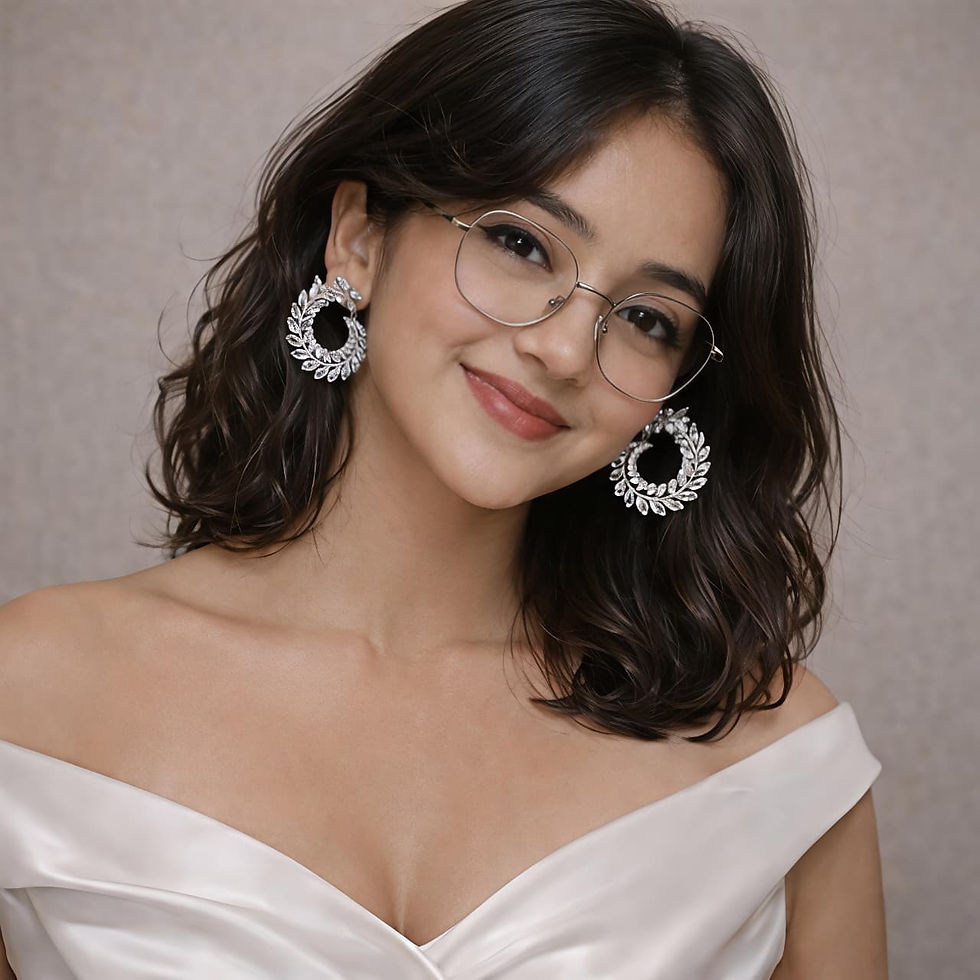 Smiling woman in glasses with sparkling earrings